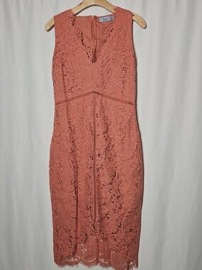 Coral Lace Midi Dress - V-Neck Sleeveless